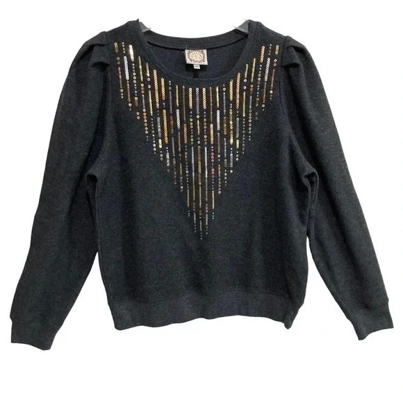 TruSelf Sweatshirt Top Charcoal Gray Sequin Gold Silver Copper Size Large - Picture 1 of 9